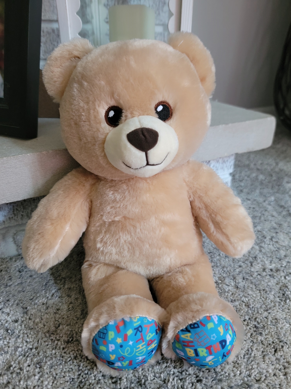 Build-A-Bear Beige Plush Teddy with Blue Birthday Paw Pads